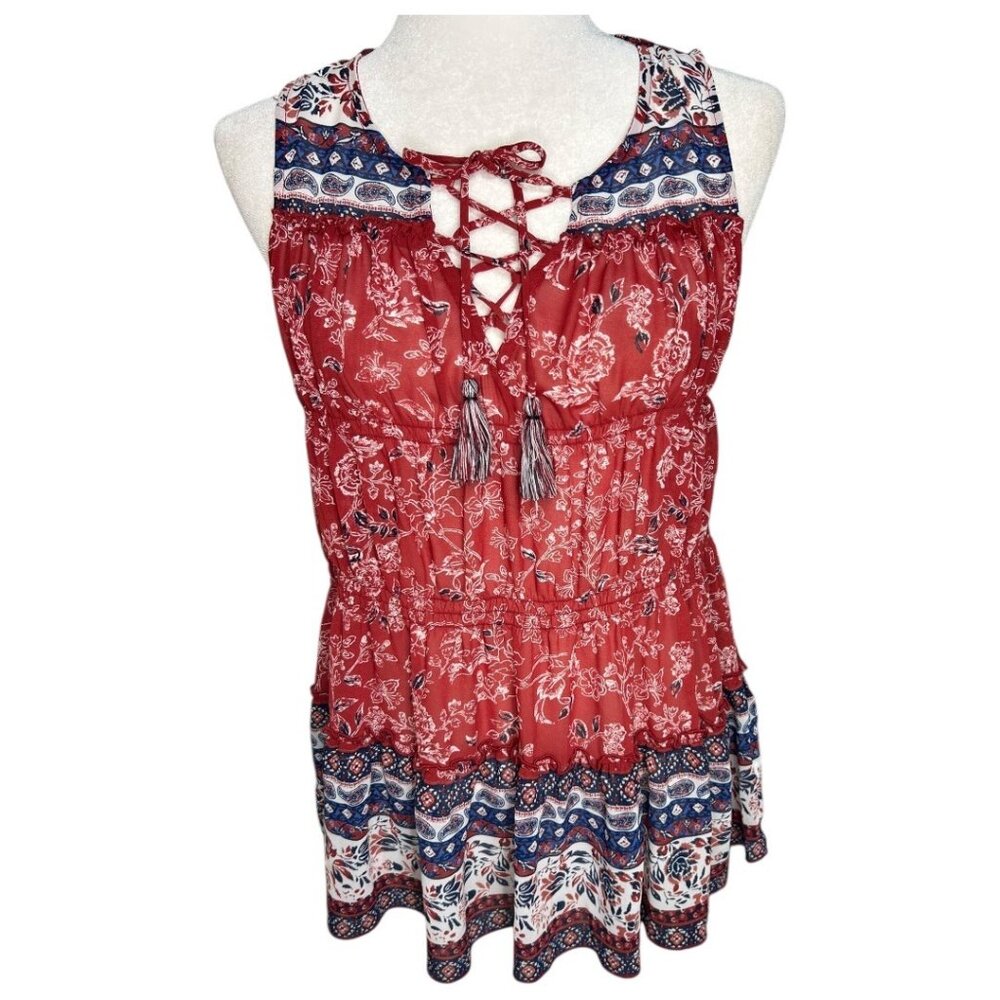 Knox Rose Boho Sleeveless Red White & Blue Floral & Paisley Blouse - Size XS - Picture 1 of 5